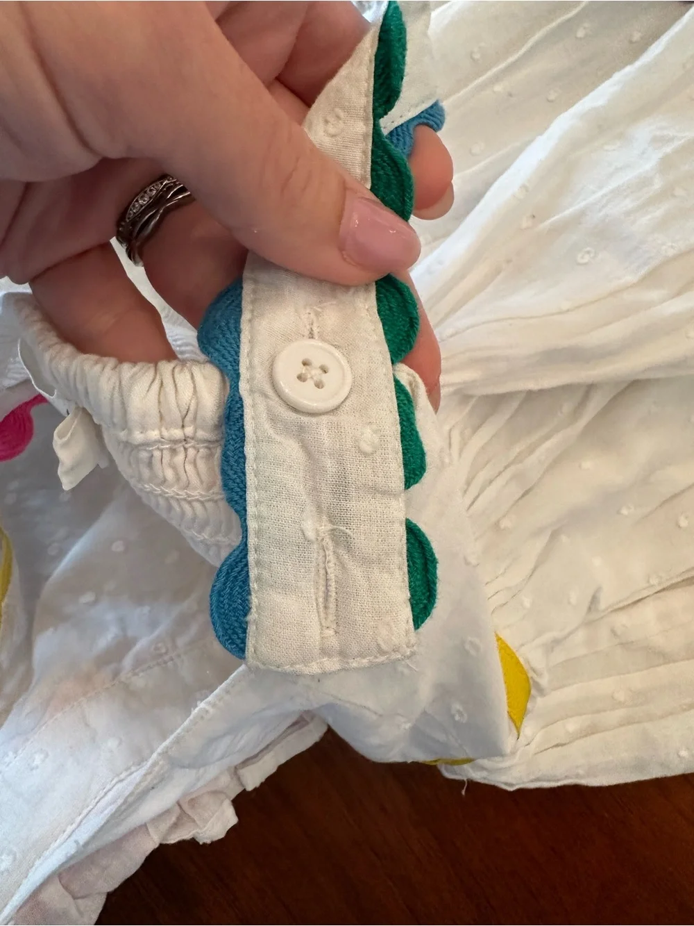 Mini Boden White Pinafore jumper with Rainbow Ric-Rac Trim size 4-5